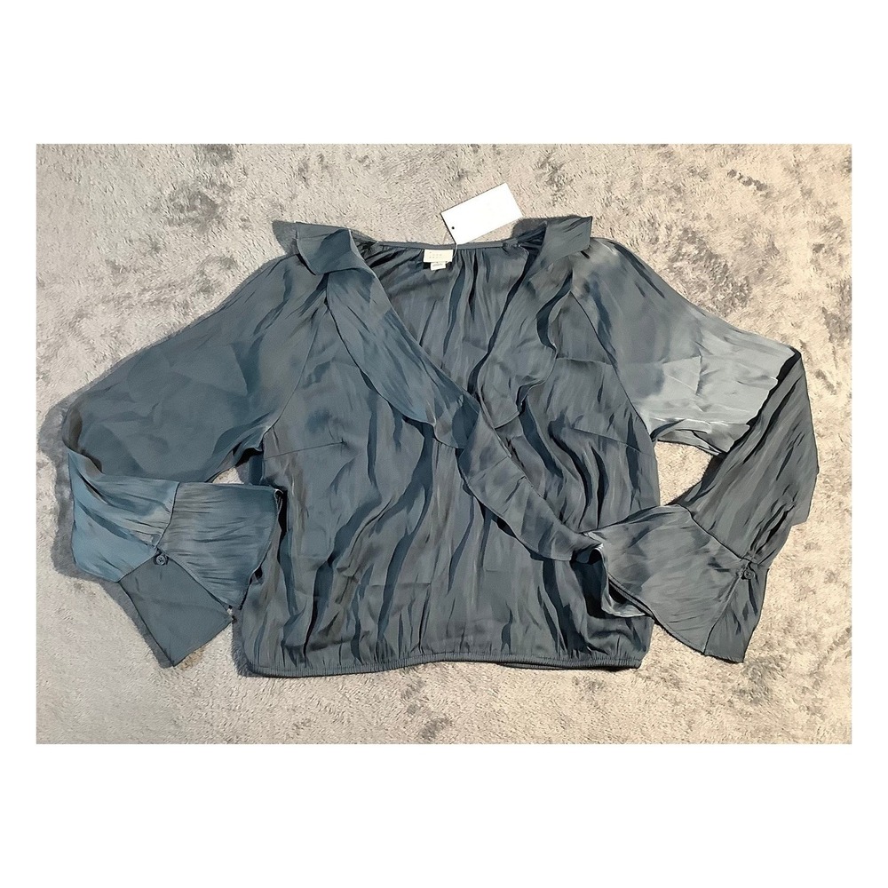A New Day Satin Surplice Blouse Ruffle Bell Sleeve Teal Blue Women's Size L NWT
